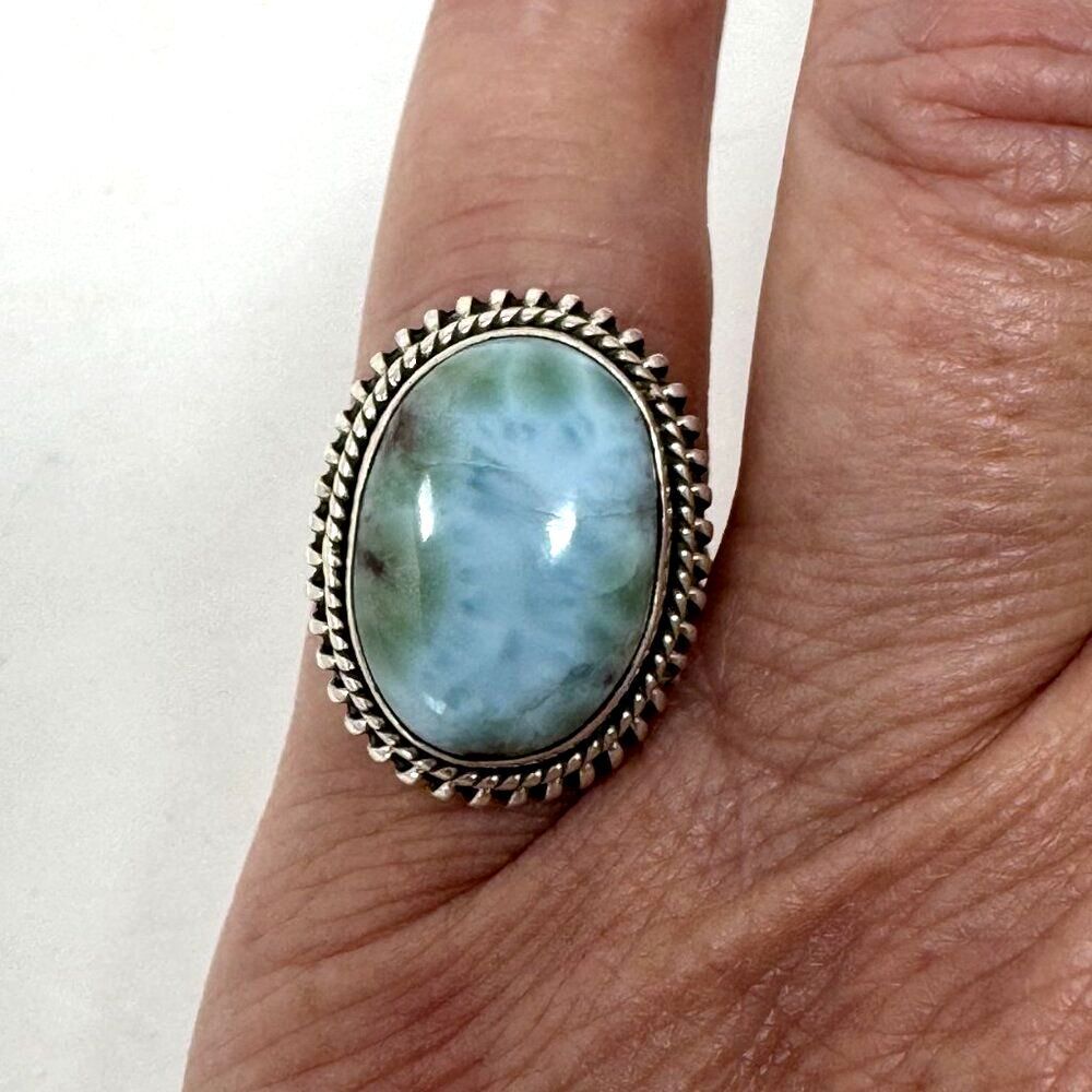 Aqua Blue Larimar Oval Gemstone Sterling Silver Ring
